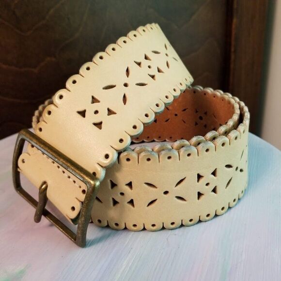 GAP Khaki Tan Leather Wide Waist Belt, Size Medium, Scallop Edge - Picture 3 of 12